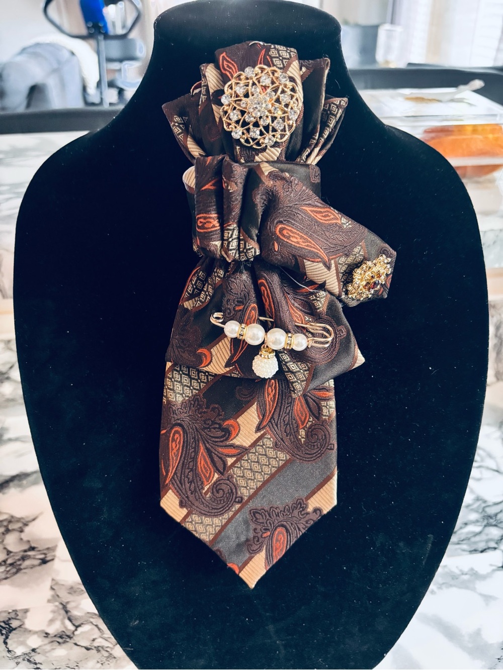 Brown Paisley Scarf Tie with Decorative Brooches - Women's Accessory